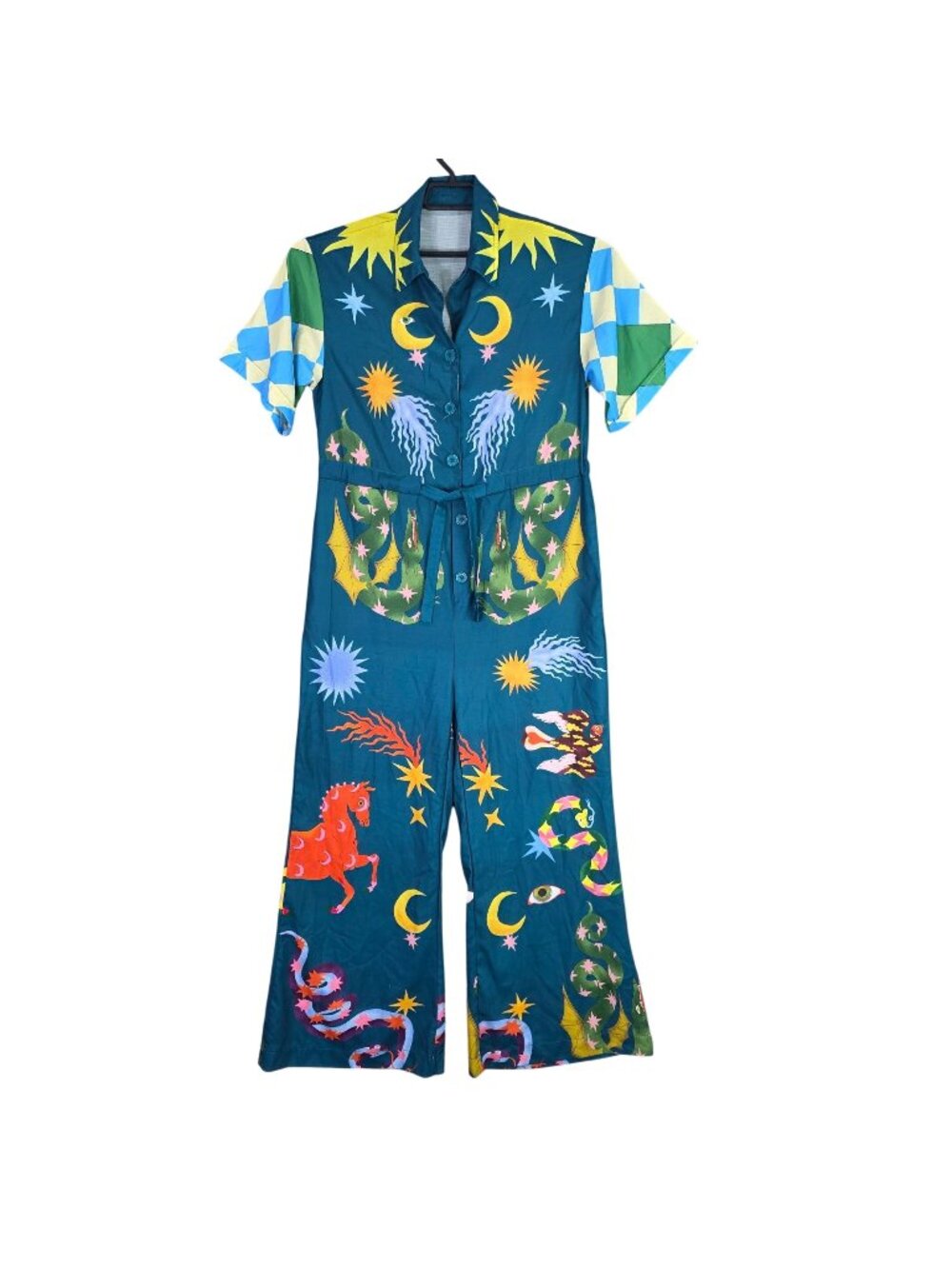 Womens Astrological Graphic Print Linen Blend Belted Jumpsuit Button Front S
